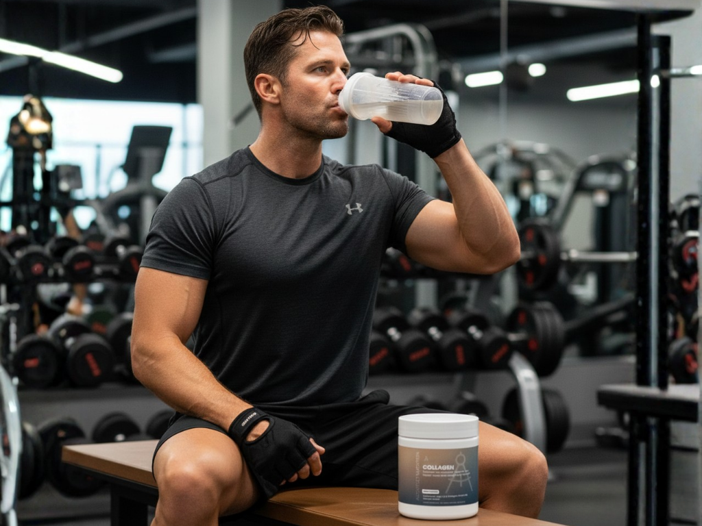 Man drinking from a bottle in a gym setting with protein powder container on a bench.