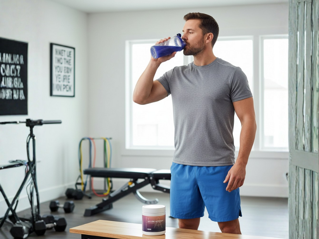 Man drinking from a blue bottle in a home gym setting