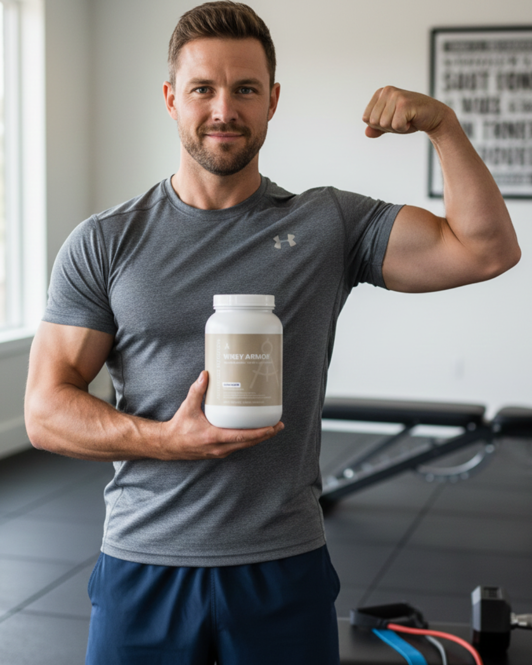 Man holding protein and flexing